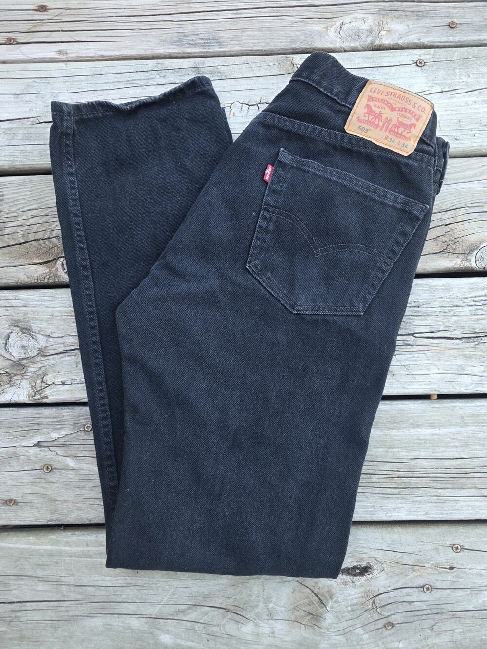 Levis 505 Regular Fit Straight Leg Black Jeans Mens Size 34x34 Cotton Zip Fly